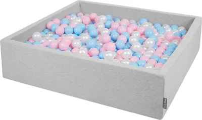 Produktbild von KiddyMoon quadrat bällebad bällepool 120x30cm/200 bälle ∅ 7cm eckig ballgruben für babys spielbad kleinkinder, hergestellt in der eu, hellgrau:babyblau-puderrosa-perle