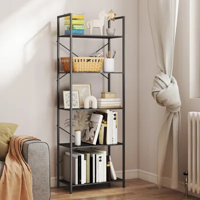 Produktbild von Bücherregal 5 Ebenen Vollmetall, Standregal Industrial, Metallregal X-Rückwand, Schwarz | 60 x 30 x 170,5 cm | 50 kg | Kippschutz