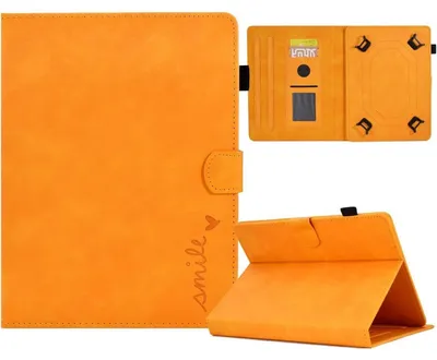 Zdjęcie produktu dla Uniwersalne etui na tablet wykonane z materiału przypominającego skórę PU, w kolorze pomarańczowym, przeznaczone do tabletów o przekątnej 9-11 cali