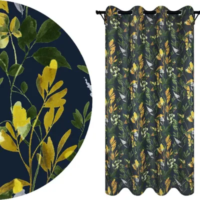 A close-up of a curtain fabric pattern and a full curtain hanging.