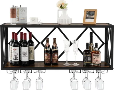 A wine rack with bottles, glasses, and decorative items on a shelf.