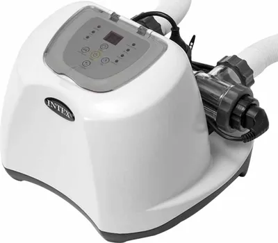 A white Intex Krystal Clear ECO Salzwassersystem 26668GS pool pump with a control panel and hoses.
