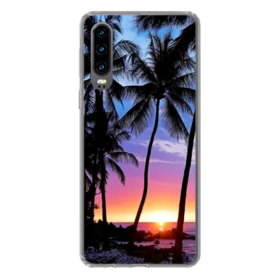 Produktbild von MuchoWow® Handyhülle Schutzhülle Hülle für Huawei P30 Der farbenprächtige Sonnenuntergang hinter einer Reihe von Palmen auf Hawaii Silikon Softcase Handy Hülle - Kartenbesitzer