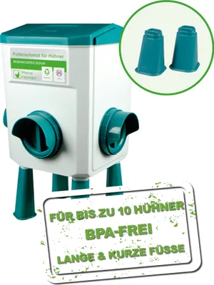 A product shot of a chicken feeder with additional marketing text and graphics.