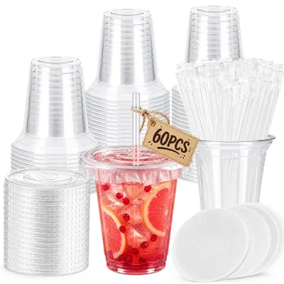 60 PET-Becher mit Deckel 360 ml, klar, wiederverwendbar