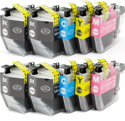 Two rows of printer ink cartridges are displayed against a white background.