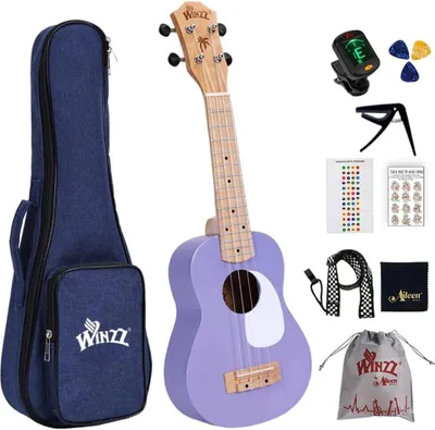 Produktbild von Ukulele Erwachsene Anfänger Set, 21 Zoll, mit 9 Zubehör, Kleine Einsteiger Kindergitarre 4 Saiten (Farbe: Violett, Holz)