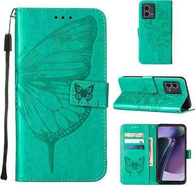 Produktbild von Lederhülle für Motorola Moto G Stylus 5G (2023) Schmetterling Prägung Flip Ledertasche Kartenfächer Handyhülle mit Ständer Grün