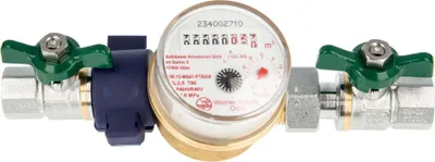 Produktbild von Einstrahlzähler ETK Kombi-Set (Warmwasser) bis 90 Grad Länge 80 mm, inkl. Kugelhähne grün 1/2 Zoll, Plombierschelle