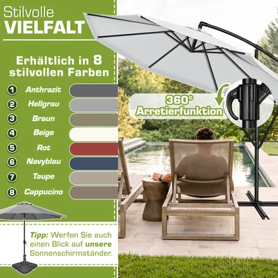 Produktbild von tillvex Sonnenschirm Grau Ø 300 cm Ampelschirm Gartenschirm Marktschirm Kurbel Balkon Alu Neigbar