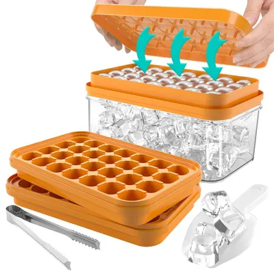 Immagine prodotto di Contenitore per cubetti di ghiaccio con coperchio e paletta, capacità per 56 cubetti, colore arancione