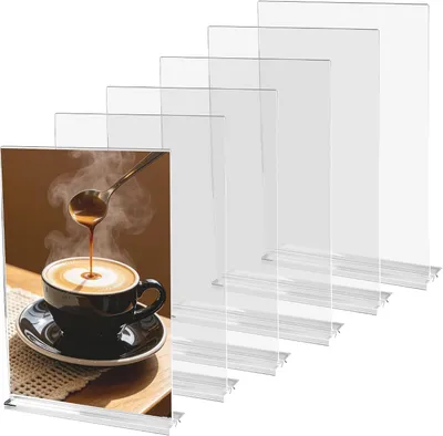 Imagen del producto de Soportes para mesas, tamaño A4, paquete de 6 unidades, de acrílico transparente, para menús