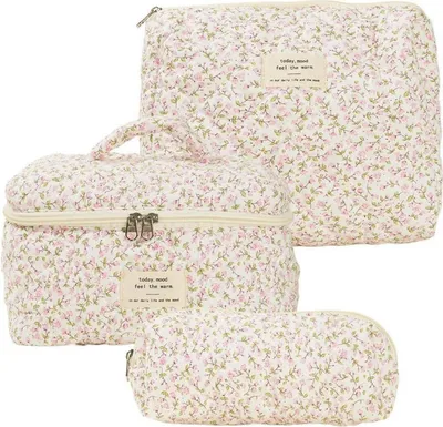Image de set de 3 trousses de toilette en coton à motif floral