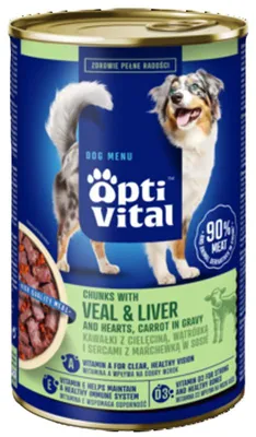 Productafbeelding van OptiVital blikvoer - sappige stukjes voor volwassen honden met kalfsvlees en gevogeltelever in saus, 1250g