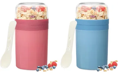 Immagine prodotto di Set da 2 contenitori per muesli da viaggio, capacità 520 ml + 250 ml, contenitori per yogurt con cucchiaino e contenitore per salse, a prova di perdite, colore blu e rosa