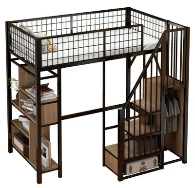 Produktbild von Hochbett 90 x 200 cm - Metall-Holz-Bett - Stauraum - Treppe - Schwarz