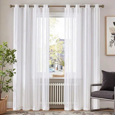Obrázok produktu pre Unyqoos® Moderná, elegantná biela záclona zo sieťoviny s pruhmi, 140 x 245 cm – priehľadná, s 8 pútkami, vhodná do obývačky a spálne