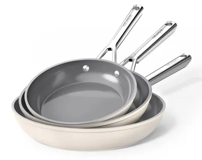 Zdjęcie produktu dla Zestaw garnków ceramicznych do gotowania indukcyjnego, 20+24+28 cm, kolor beżowy, powłoka DiamondTitan (nieprzywierająca), nadaje się do piekarnika, można myć w zmywarce