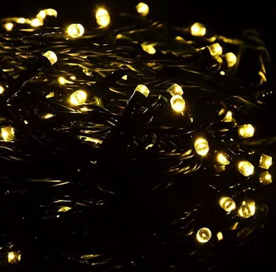 A close-up of a string of warm white LED lights.