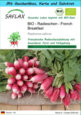 Produktbild von SAFLAX Geschenk Set - BIO - Radieschen - French Breakfast - Raphanus sativus - 150 Samen - Mit Geschenkbox, Versandaufkleber, Geschenkkarte und Anzuchtsubstrat