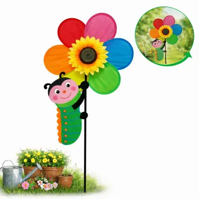 Produktbild von Sonnenblumen Gartenstecker mit Kletterraupe – Windmühle 112 cm – Windspiel-Gartendekoration – Bewegliche Gartenwindmühle