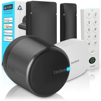 Obrázok produktu pre Tedee GO2 Alu s Bridge, Keypad PRO a senzorom dverí – Inteligentný zámok na dvere, WiFi, odtlačok prsta, vzdialený prístup | Matter, Apple HomeKit