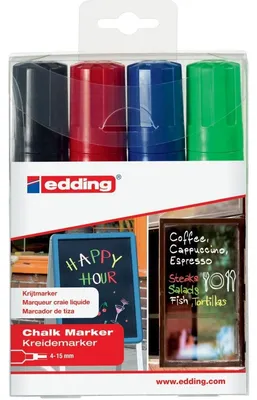 Produktbild von EDDING 4090 chalk - Marker - für Glas, Spiegel, Tafel - Schwarz, Rot, Blau, Neongrün - wasserbasierte Flüssigkreide - 4-15 mm (Packung mit 4)