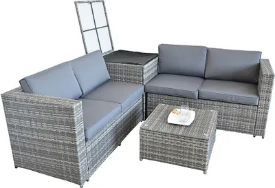An outdoor furniture set with a sofa, a corner piece, and a coffee table, set against a white background.