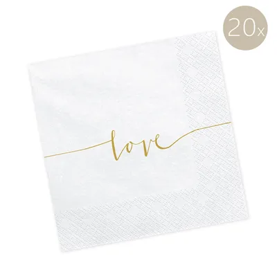 Zdjęcie produktu dla Serwetki Love 33x33cm 20 sztuk, biały/złoty