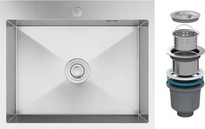 A top-down view of a stainless steel sink and a disassembled drain assembly.
