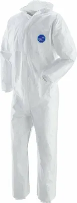 A white disposable protective suit is shown against a white background.