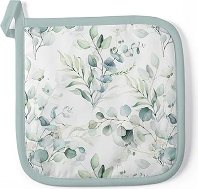 Produktbild von Topflappen Baumwolle 20x20cm mit Eukalyptus Motiv Grün / Weiß