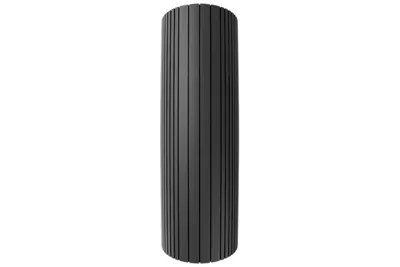 A black tire with vertical grooves against a white background.