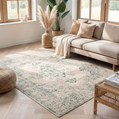 Produktbild von Volero - Teppich Vintage - Spring Ethnic Creme Grün - 120x170 cm - Wohnzimmer, Esszimmer, Schlafzimmer - Boho, Klassik, Ländlich, Orientalisch