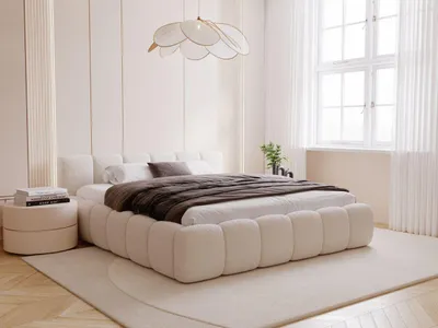 Produktbild von GrainGold Polsterbett Cloud Low 160x200 cm - Bett 160x200, Polsterbett mit Lattenrost und Bettkasten - Bett mit Bouclé-Stoff - Beige