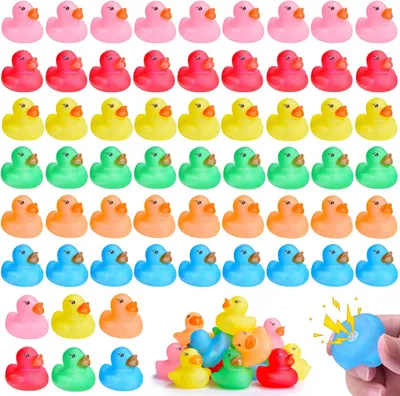 Imagen del producto de Conjunto de mini patitos de goma, 60 unidades, de colores variados, juguete sonajero para la bañera