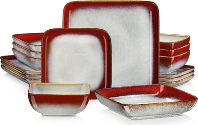 Immagine prodotto di Servizio da tavola in Vetroceramica Roxxa – 16 pezzi – 4 persone – Rosso/bianco – Design quadrato – Piatti piani, piatti da dessert e ciotole
