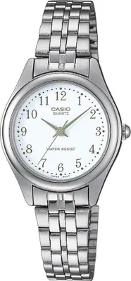 A close-up studio shot of a silver Casio women's watch with a white face.