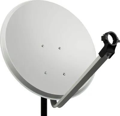 A white satellite dish with a gray arm and black clamp, isolated on a white background.