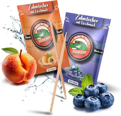 Produktbild von Zahnstocher mit Pfirsich- und Blaubeergeschmack, 300 Stück, zuckerfrei, für die Mundpflege