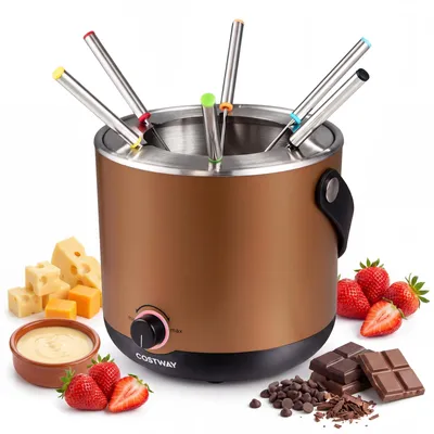 Produktbild von COSTWAY Fondue Set elektrisch, 2L Fondueset 800W, Schokofondue mit 6 Fonduegabeln, Spritzschutz & Griff, Käsefondue spülmaschinenfester tragbar