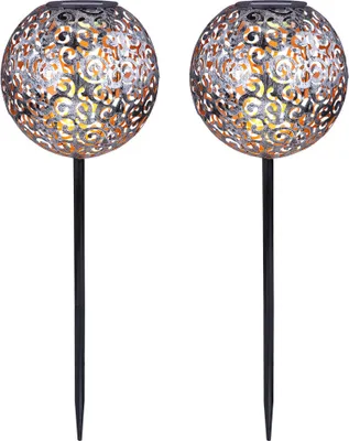 Two solar-powered garden lights with decorative globe tops.