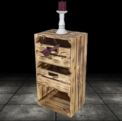 Produktbild von Stück geflammter/brauner Holzschrank mit Schubladen 68cm x 40cm x 31cm, Regal Obstkiste Holzregal Weinkiste Kiste