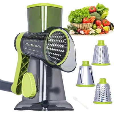 Obrázek produktu pro Struhadlo na sýr s kličkou, Kráječ na zeleninu se 3 vyměnitelnými bubnovými čepelemi, Kuchyňské struhadlo Rychlé krájení, Kráječ na zeleninu Ideální na sýr
