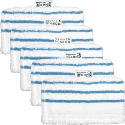 A stack of five microfiber mop pads with blue stripes on a white background.