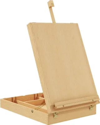 Produktbild von Tischstaffelei - Zeichen- und Skizzierbrett aus Buchenholz - Klappbar - Verstellbare Höhe 42,5–74,5 cm - Box mit 5 Fächern - 27×41,5 cm - Naturholz