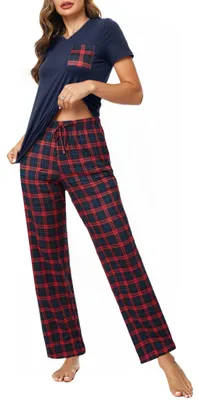 Image de Ensemble de pyjama en coton pour femmes, col en V, 2 pièces, rouge