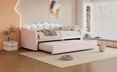 Obrázek produktu pro okwish Rozkládací pohovka denní postel 90x200 cm s vysouvací spodní postelí 90x190 cm a roštem, denní postel dětská postel studentská postel s měnícím se okolním osvětlením (bez matrace) - růžová