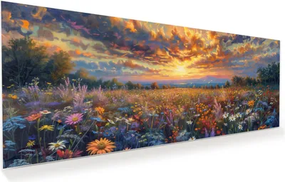 Produktbild von Glasbild 125x50cm in XXL für Wohnzimmer, Schlafzimmer Motiv Blumenwiese Sonnenuntergang