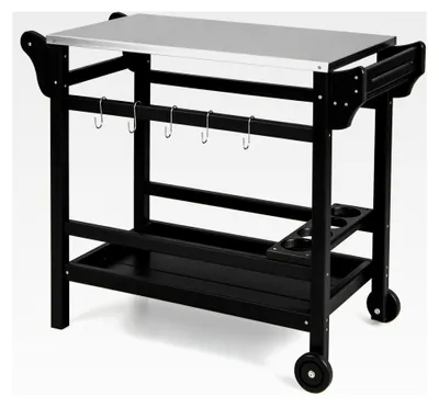 Produktbild von Grillwagen, Servierwagen mit Edelstahl-Tischplatte und Ablage, HDPE Küchenwagen mit Weinregal und 5 Haken, mobiler Grilltisch mit Rollen und Griff, BBQ-Tisch für Garten und Terrasse